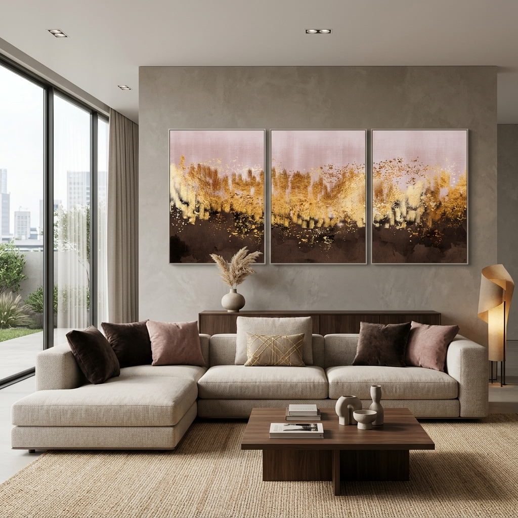 Modular powder brown abstract with gold elements Multi Panel Canvas Wall Art Print