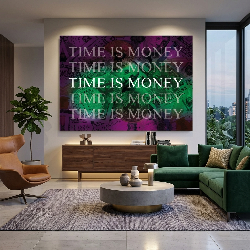 Dollars and bitcoin time is money on a purple background Inspirational Canvas Wall Art Print
