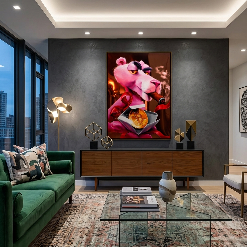 Pink panther and bitcoin Inspirational Canvas Wall Art Print