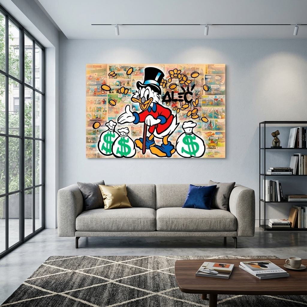 Scrooge with three white bags of gold in a comic book background Inspirational Canvas Wall Art Print