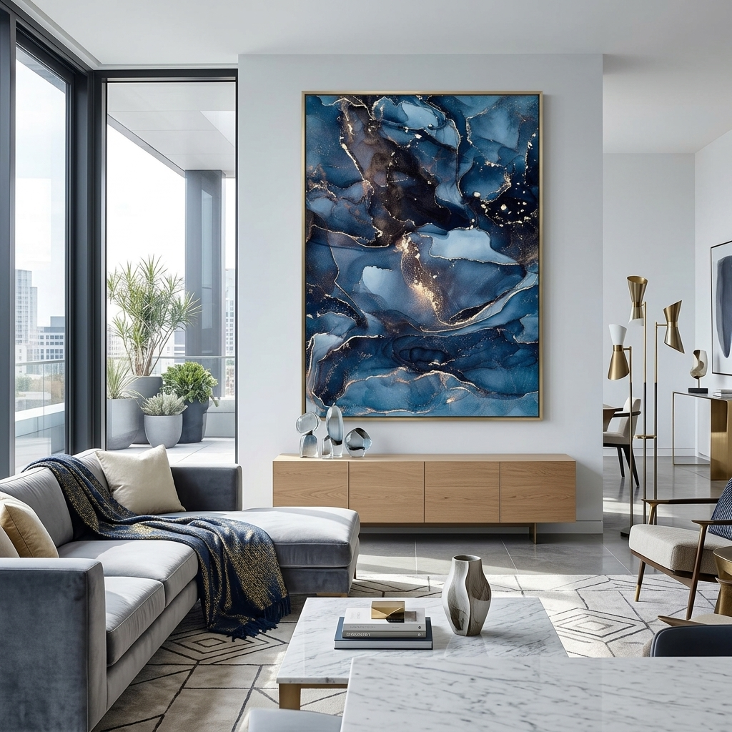 Navy-blue abstract with gold Abstraction Canvas Wall Art Print