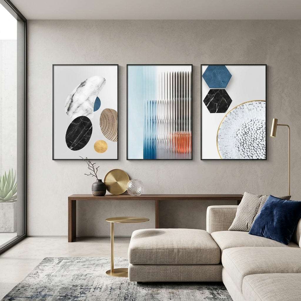 Multi Panel Canvas Wall Art Print Abstraction with geometric marble figures