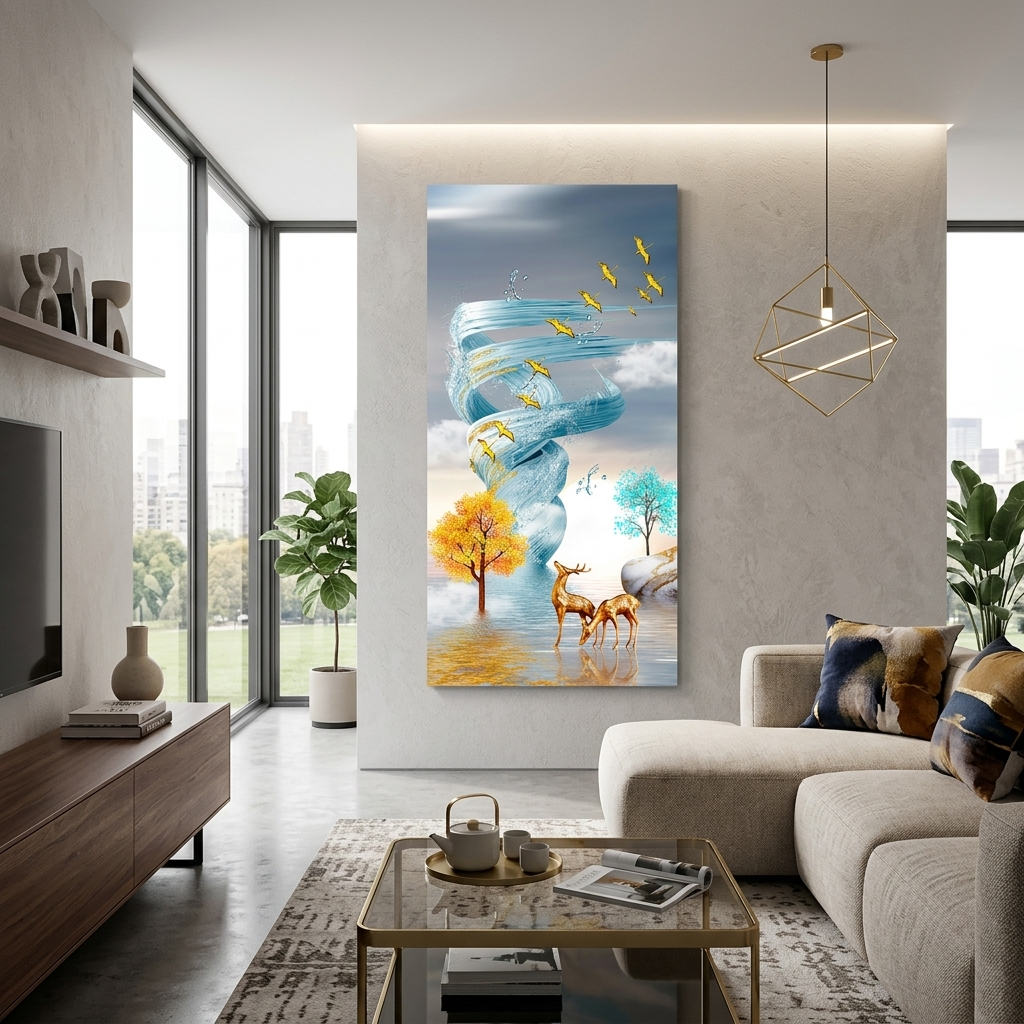 Two deer against the background of a water tornado in a soft blue color Abstraction Canvas Wall Art Print