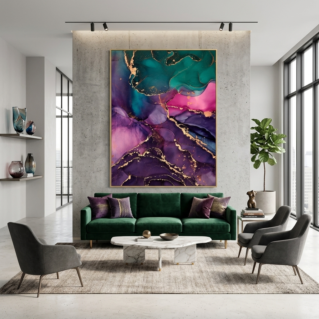 Green-purple with pink elements Abstraction Canvas Wall Art Print