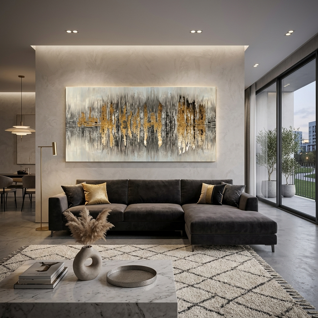 The silhouette of the city is a gray-gold color Abstraction Canvas Wall Art Print