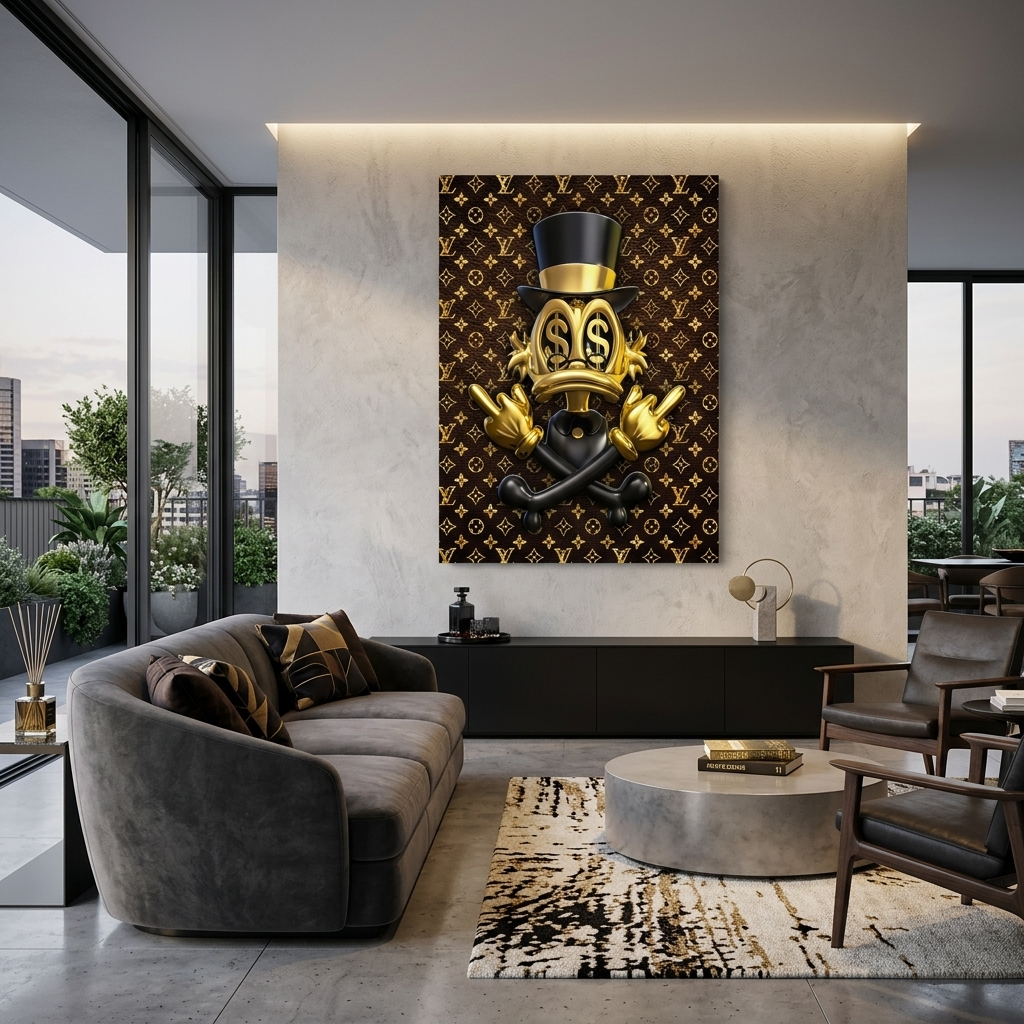 Scrooge is golden in the background of Chanel Inspirational Canvas Wall Art Print