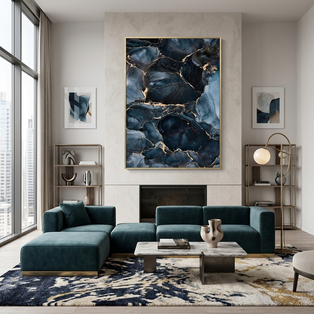 Dark blue and gray Abstraction Canvas Wall Art Print