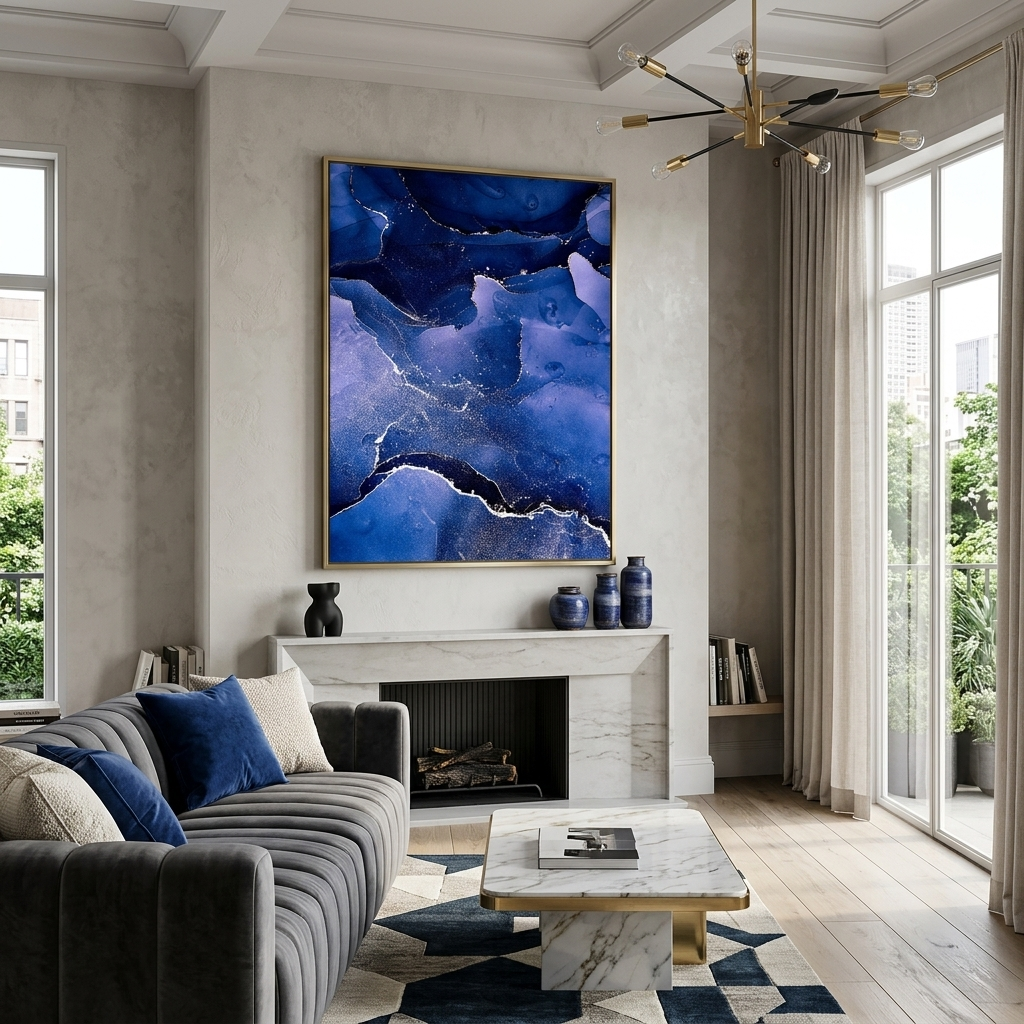 Blue abstract with white lines Abstraction Canvas Wall Art Print