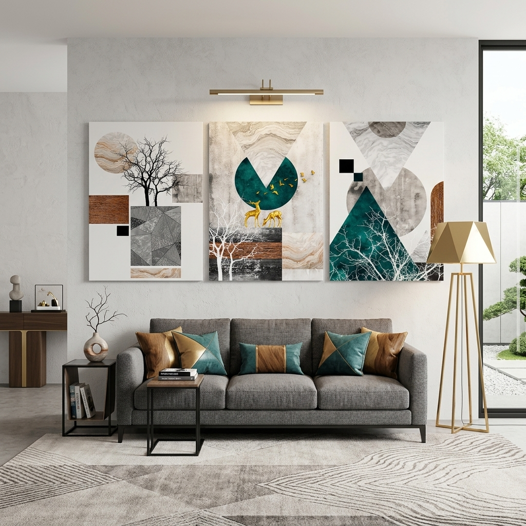 Modular abstract geometric shapes with animals and trees Multi Panel Canvas Wall Art Print
