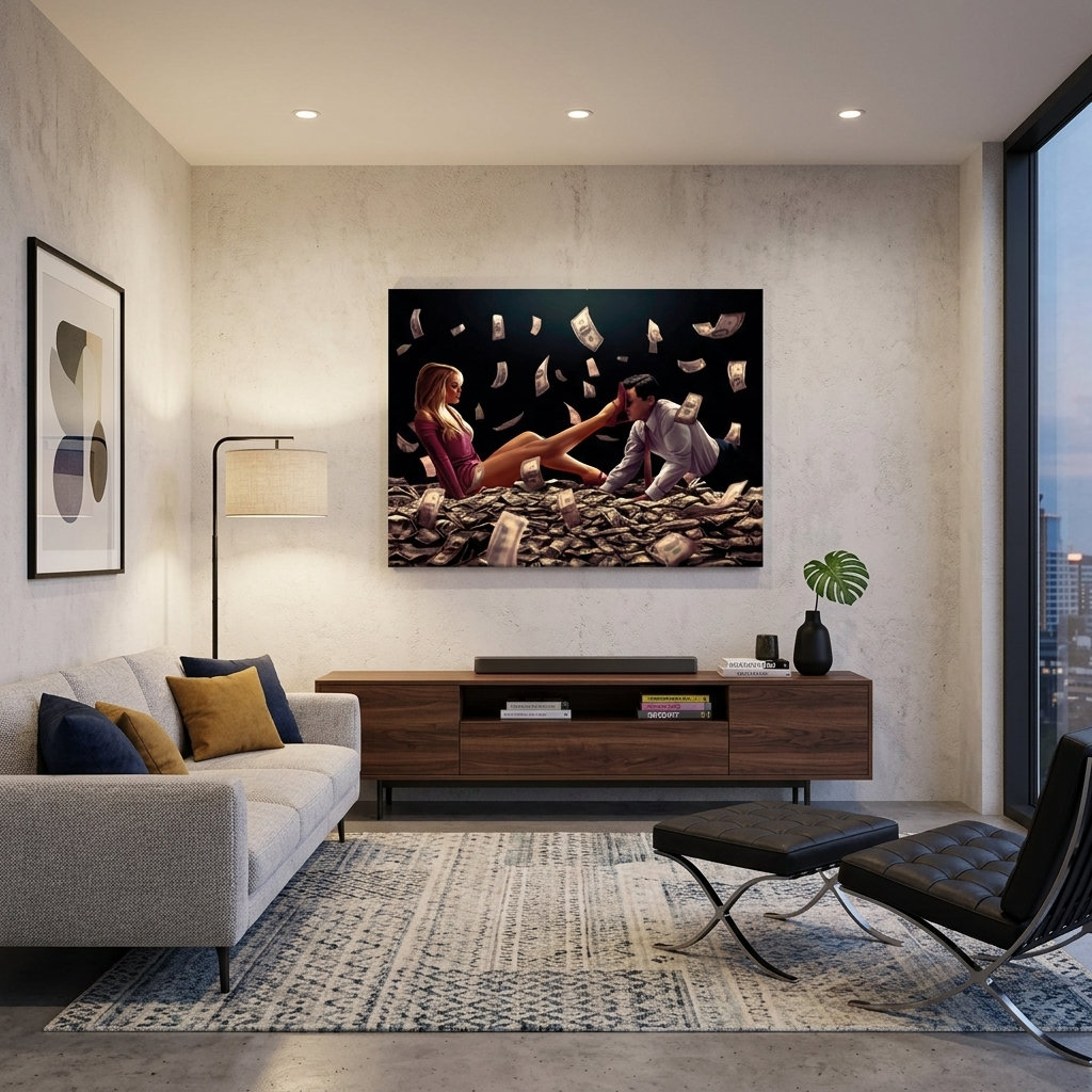 Blondie and Leonardo DiCaprio in a pile of dollars Inspirational Canvas Wall Art Print