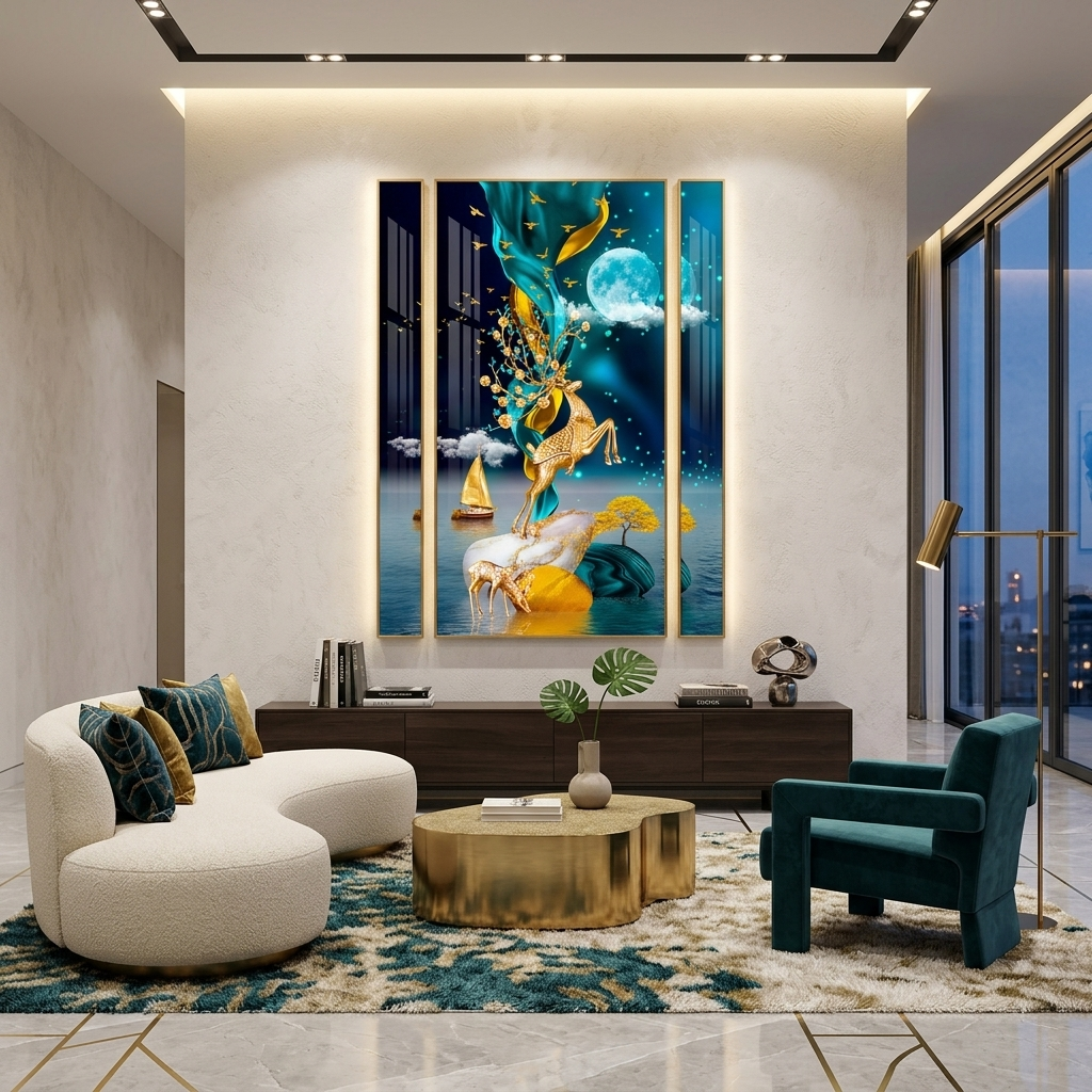 Two deer a golden boat at sea and a blue moon Abstraction Canvas Wall Art Print