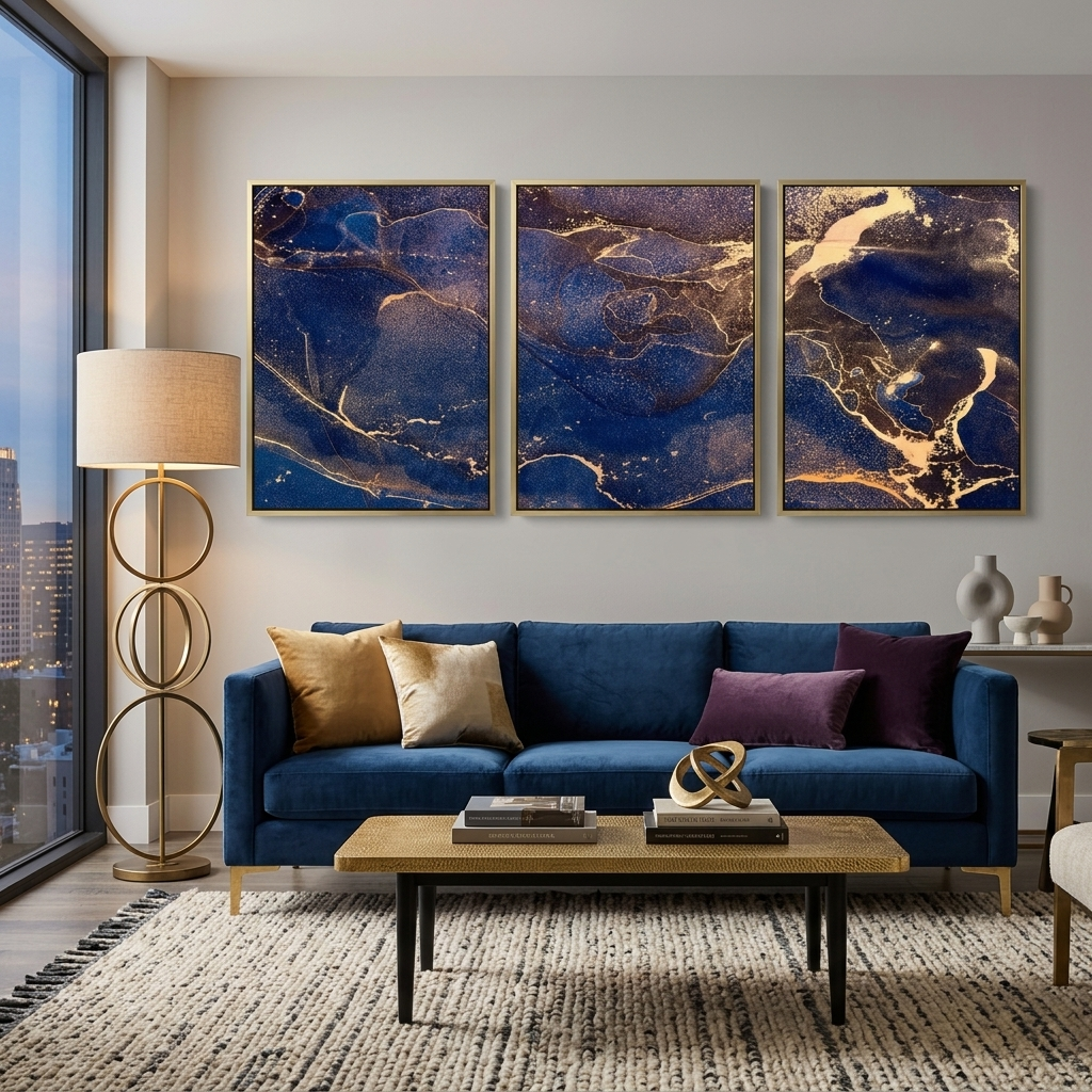 Modular blue-gold abstract Multi Panel Canvas Wall Art Print