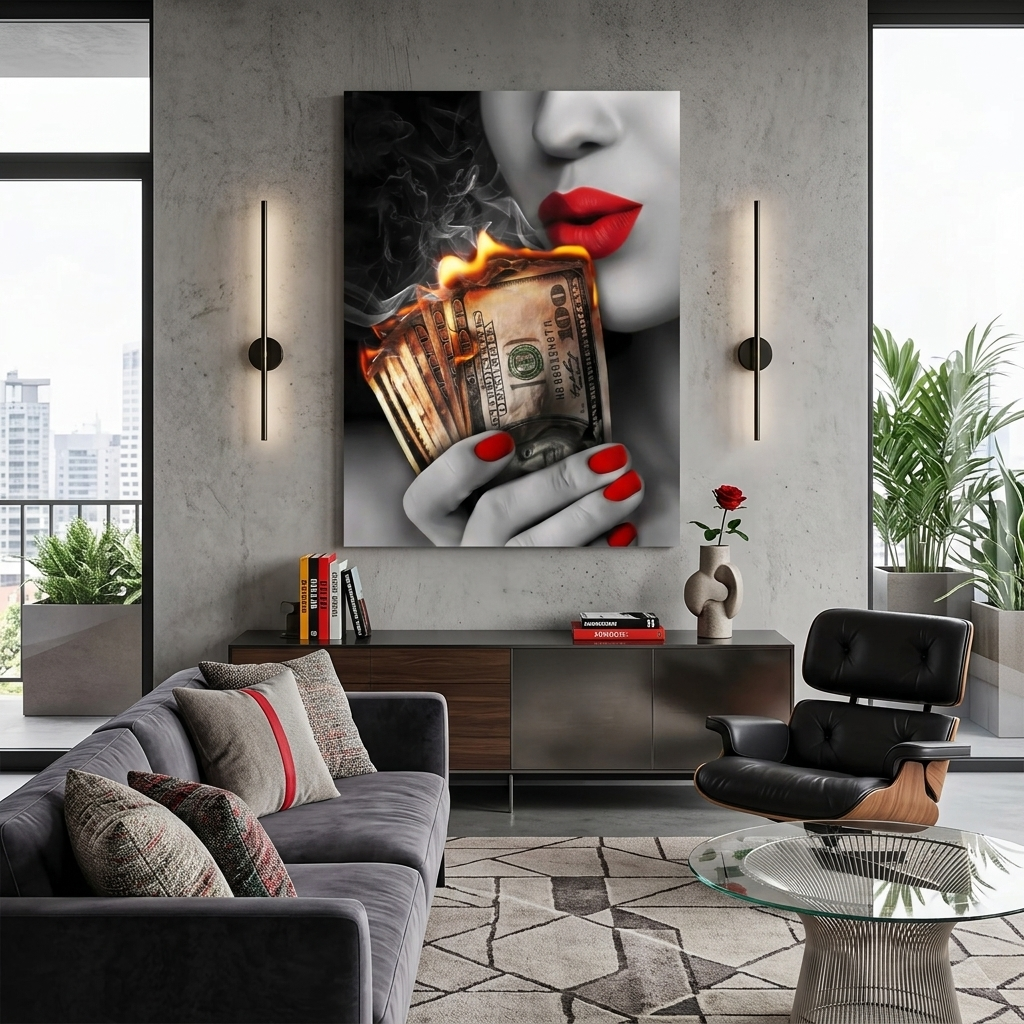 The woman with the burning dollars in her hand Inspirational Canvas Wall Art Print