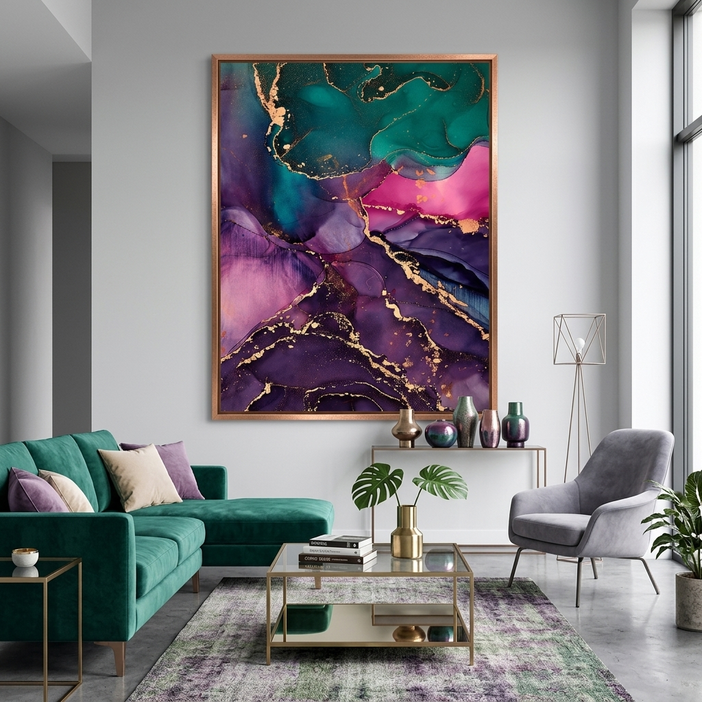 Green-purple with pink elements Abstraction Canvas Wall Art Print