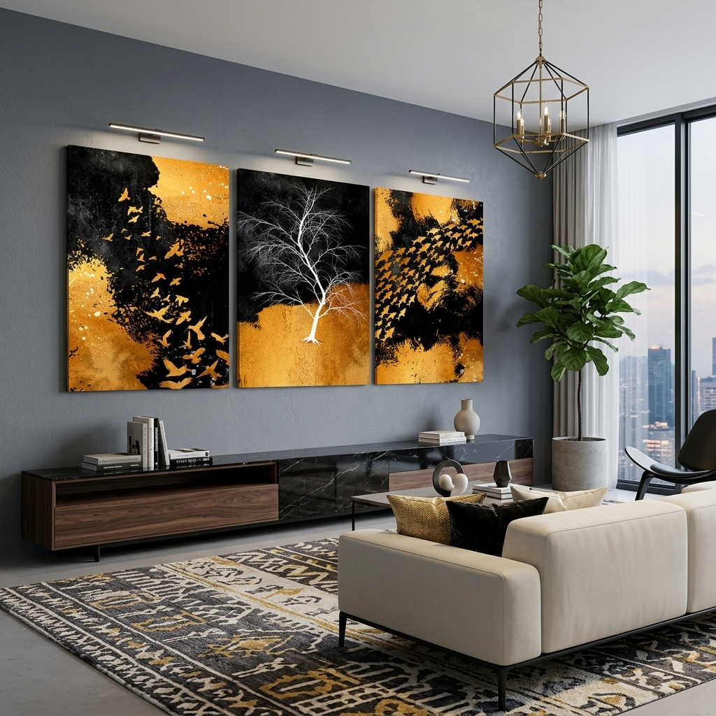 Modular abstraction in black gold and white colors Multi Panel Canvas Wall Art Print