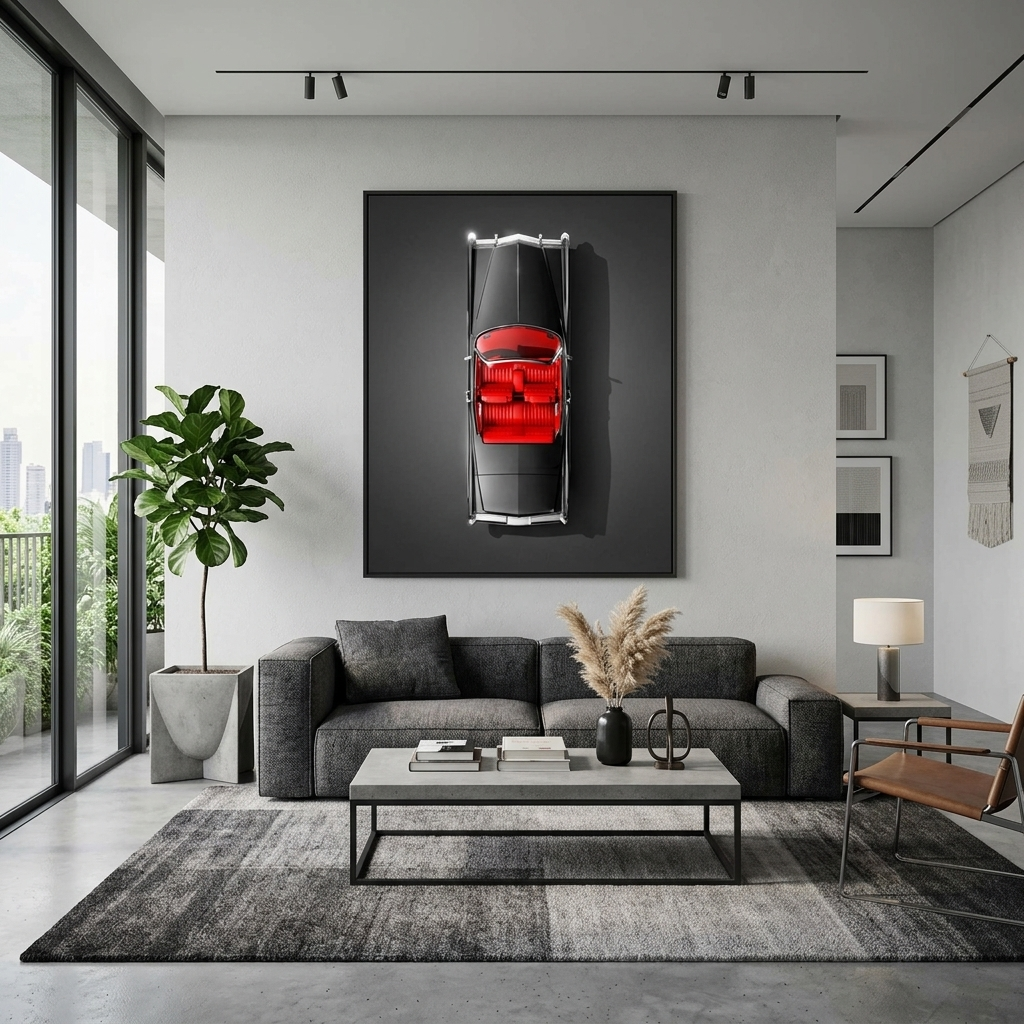 Car black color with red interior on black background Canvas Wall Art Print