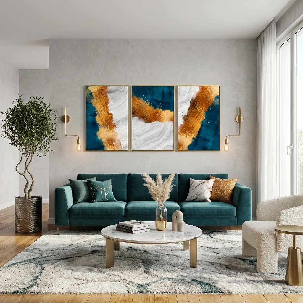 Modular blue-gold abstract with gray elements Multi Panel Canvas Wall Art Print