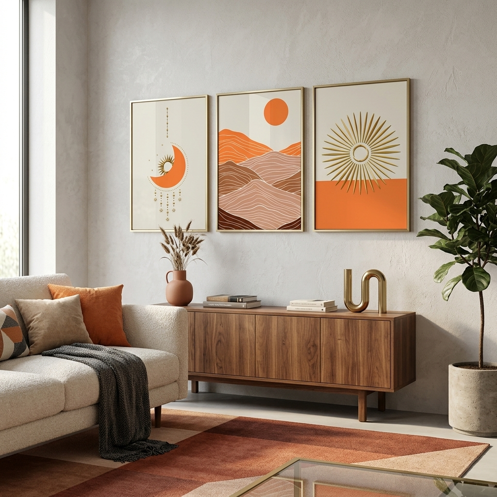Modular geometric abstraction with bright orange color Multi Panel Canvas Wall Art Print