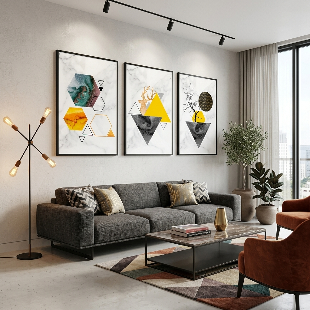 Modular yellow and gray geometric abstraction Multi Panel Canvas Wall Art Print