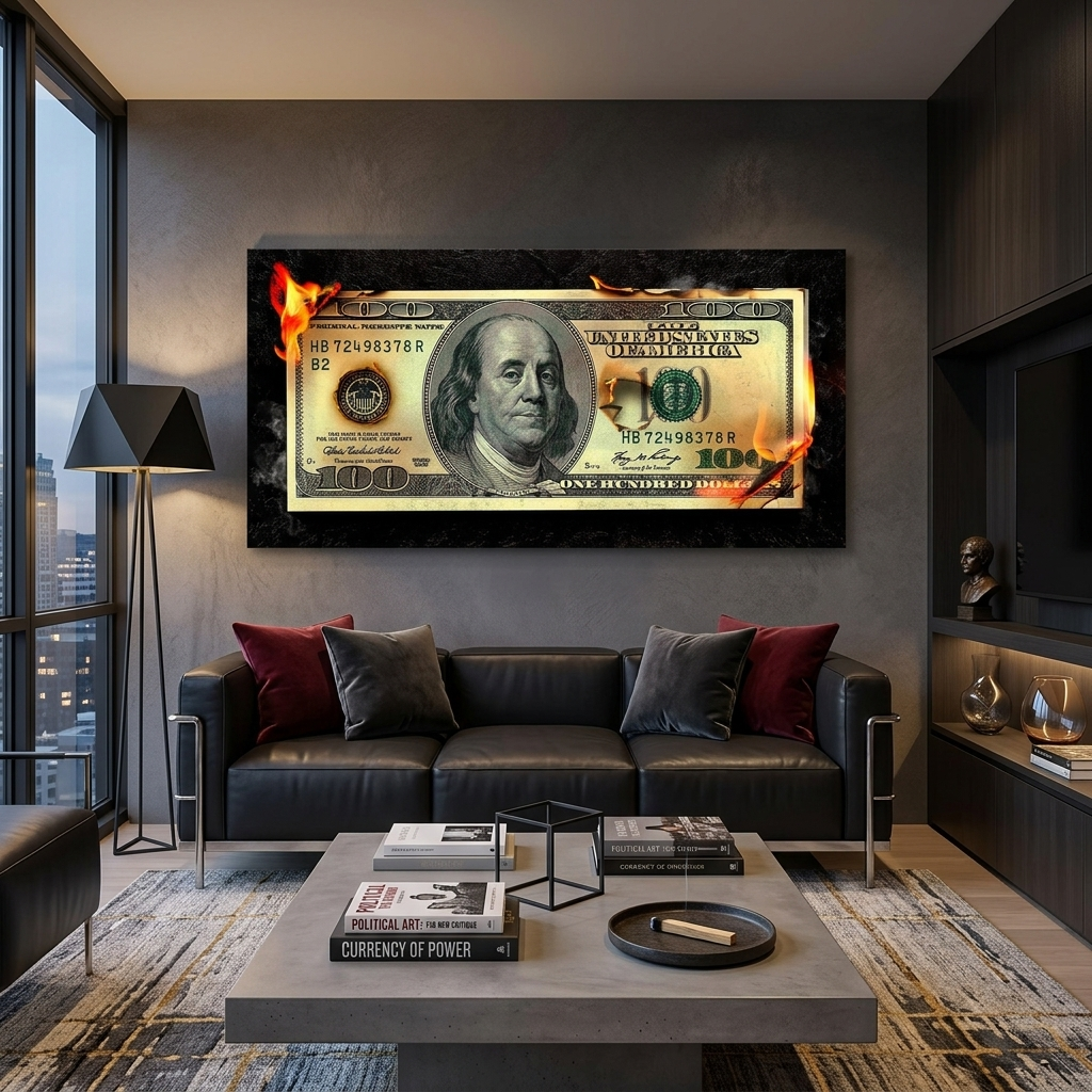 Burning money 100 dollars Inspirational Canvas Wall Art Print
