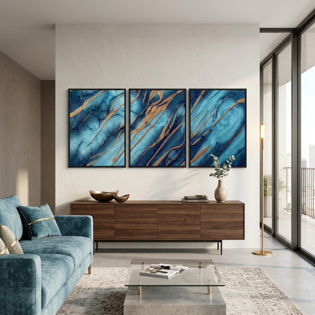 Modular blue-blue abstract with gold elements Multi Panel Canvas Wall Art Print