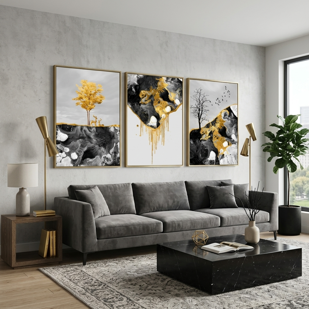 Modular abstract in dark shades with golden color Multi Panel Canvas Wall Art Print