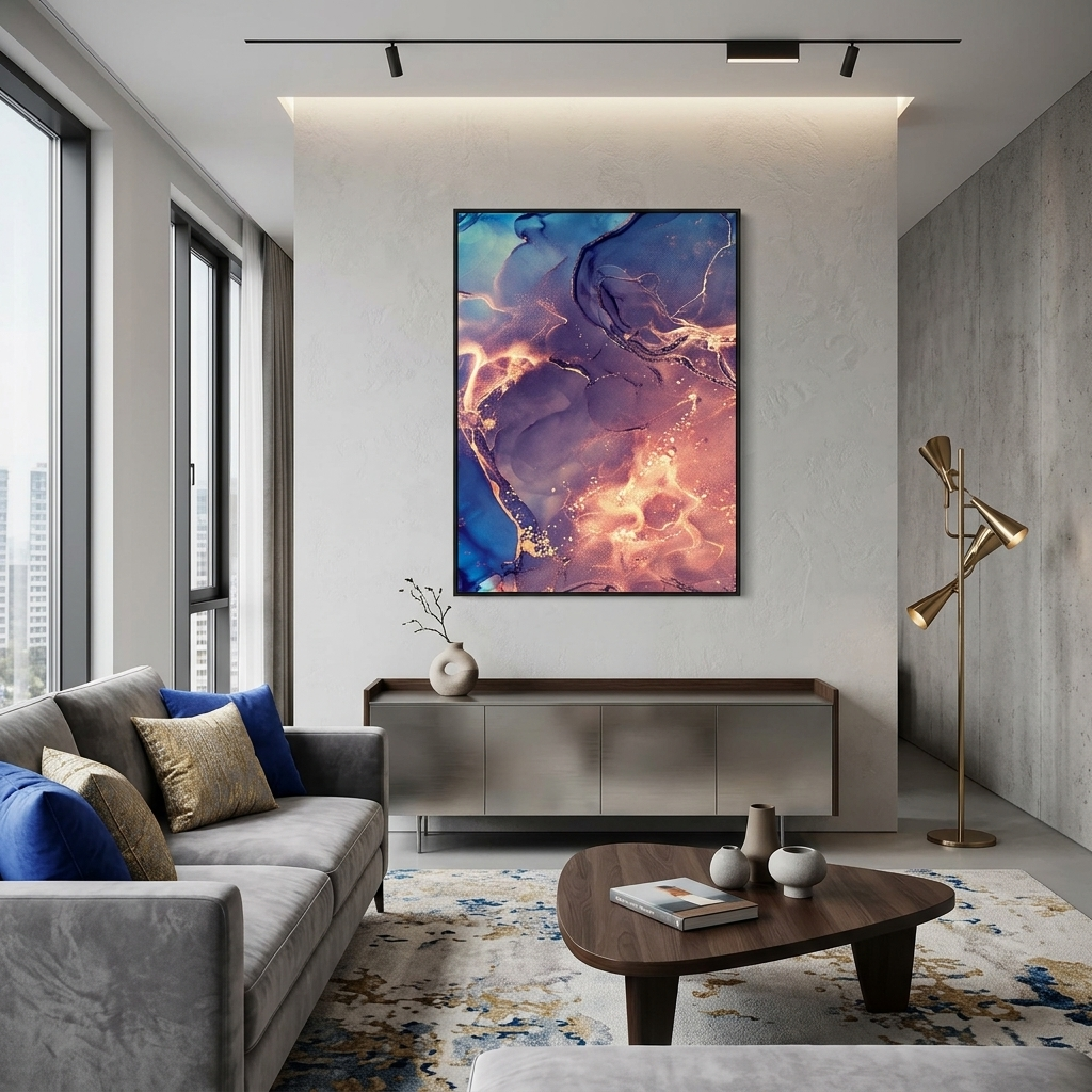 Violet-powder with blue and gold tones Abstraction Canvas Wall Art Print