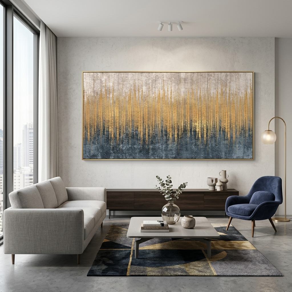 Lots of vertical gold lines on a white and gray background Abstraction Canvas Wall Art Print