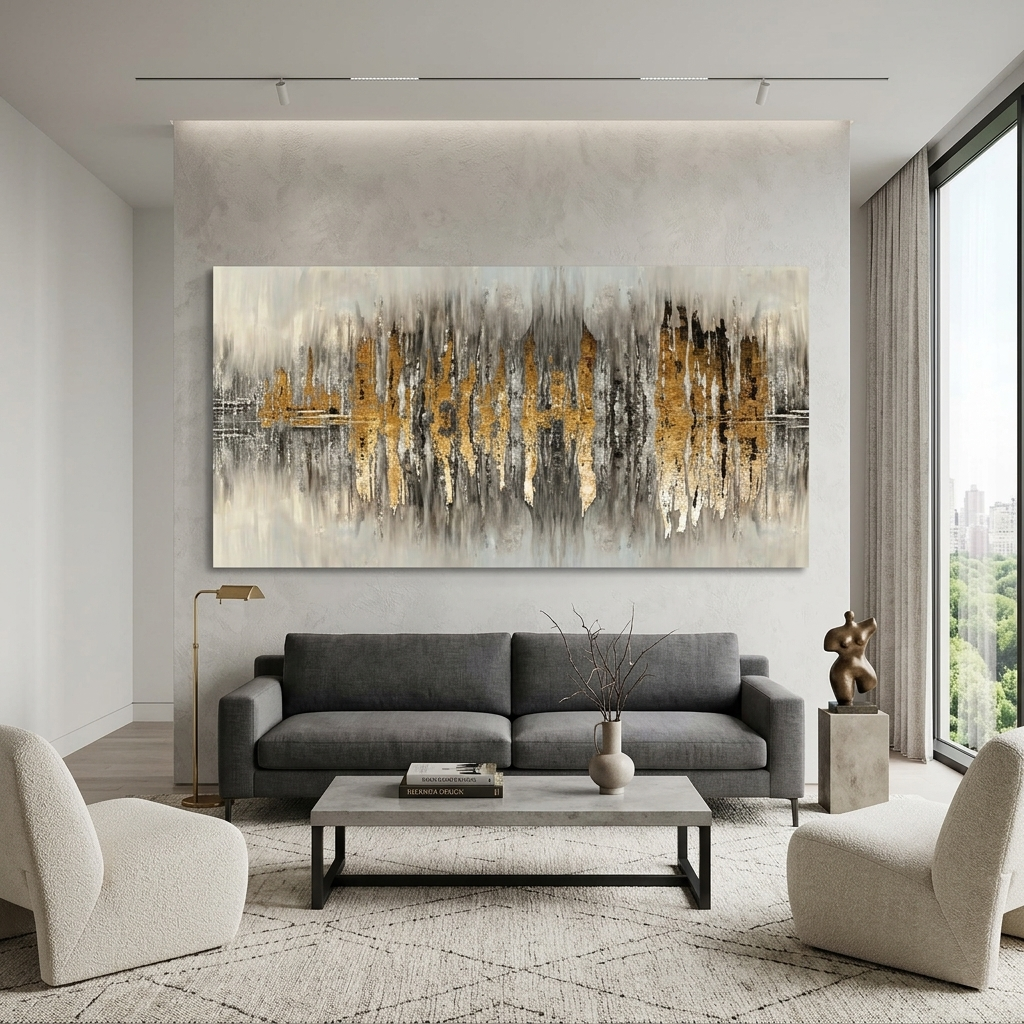 The silhouette of the city is a gray-gold color Abstraction Canvas Wall Art Print