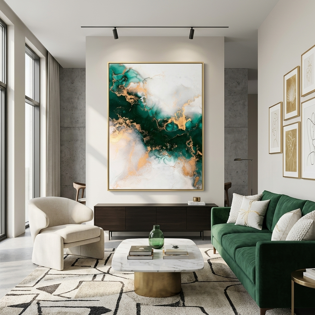 Green-gold with gray elements Abstraction Canvas Wall Art Print