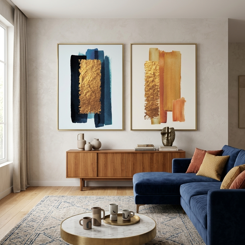 Modular gold and blue masks on a white background Multi Panel Canvas Wall Art Print