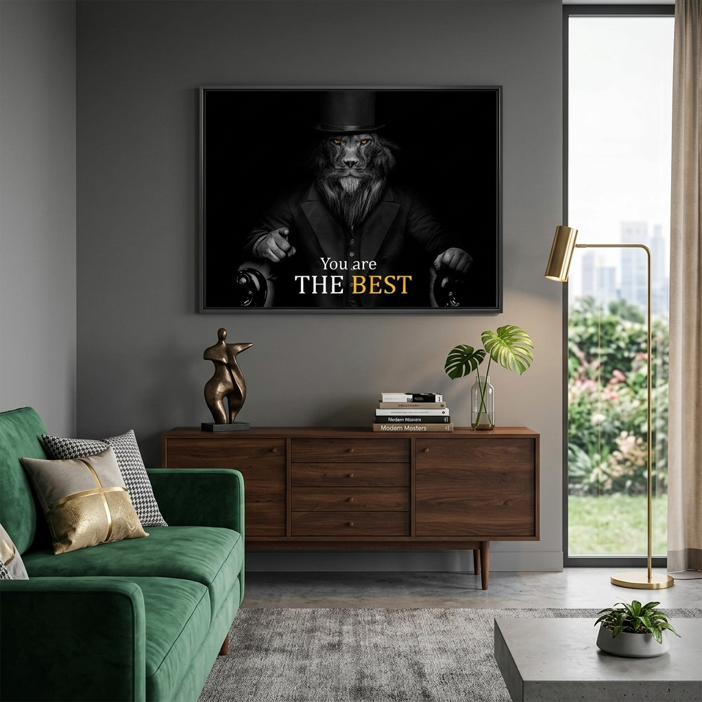 Lion in business suit hat on black background Motivational Canvas Wall Art Print
