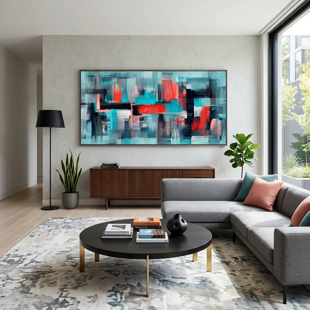 Turquoise abstract with red and black details Abstraction Canvas Wall Art Print