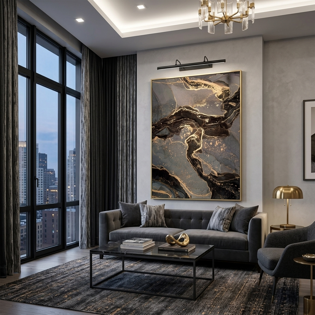 Dark brown abstract with gray spots and gold lines Abstraction Canvas Wall Art Print