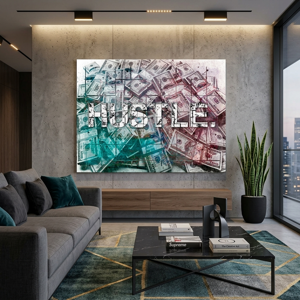 HASTLE. against the backdrop of dollars. Inspirational Canvas Wall Art Print