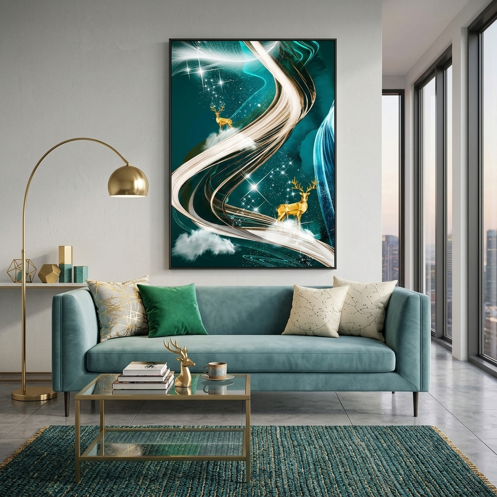 Two golden deer against a green background Abstraction Canvas Wall Art Print