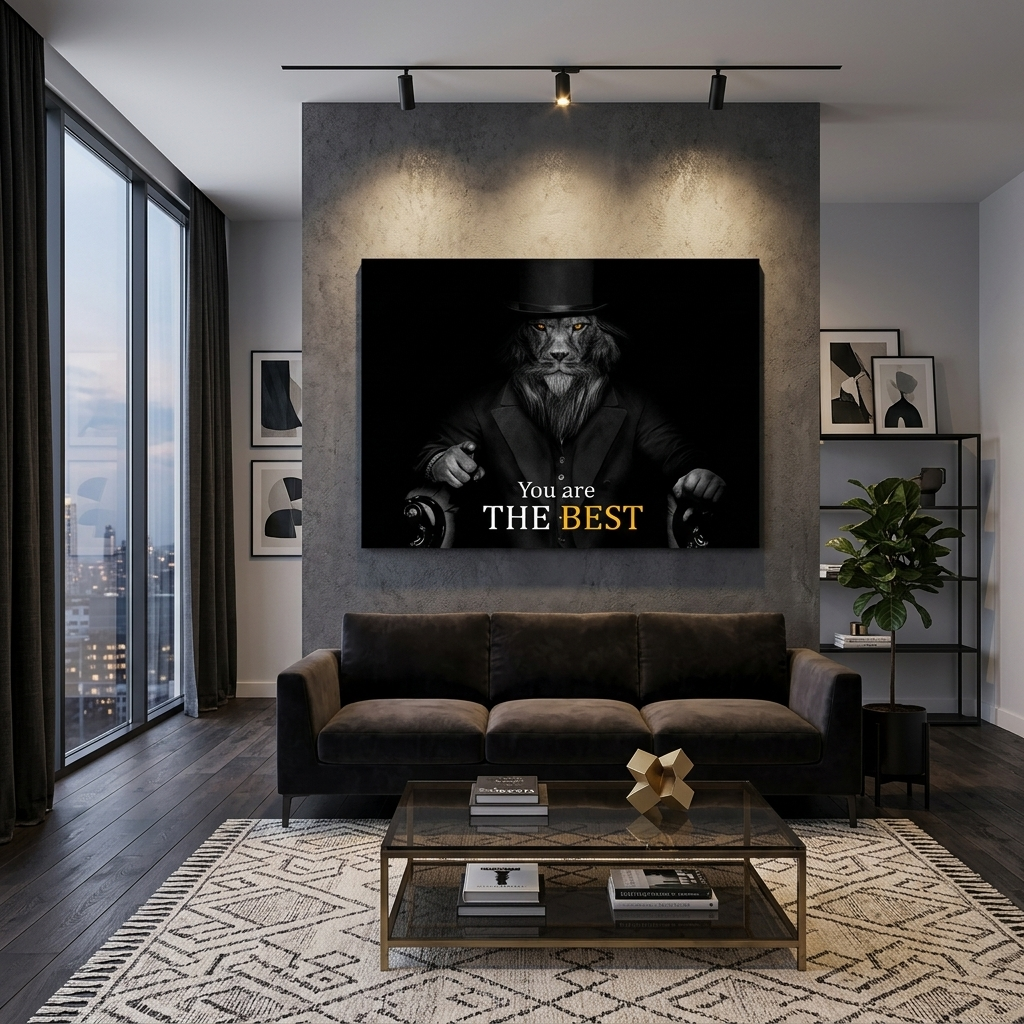 Lion in business suit hat on black background Motivational Canvas Wall Art Print
