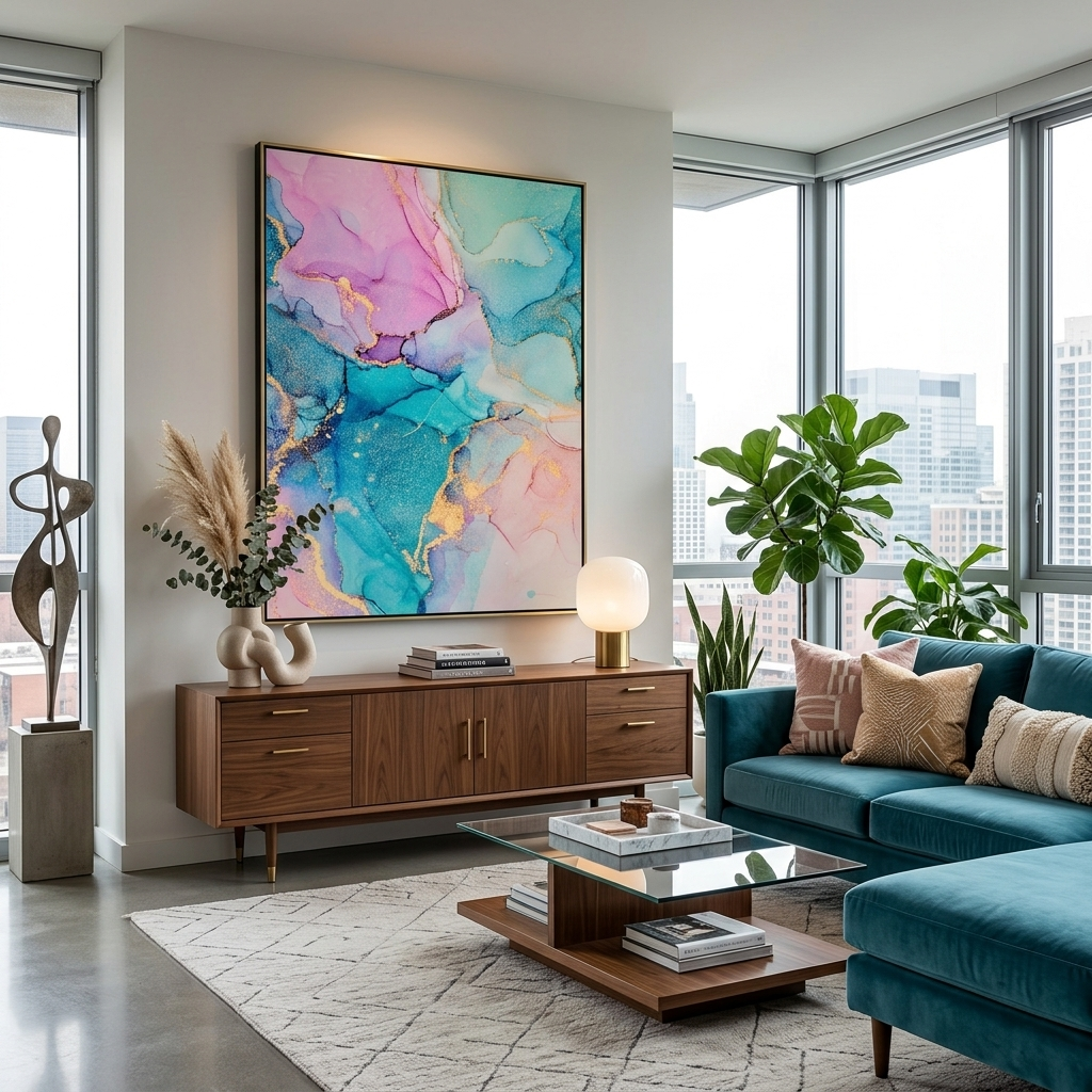Gently turquoise with pink tones Abstraction Canvas Wall Art Print