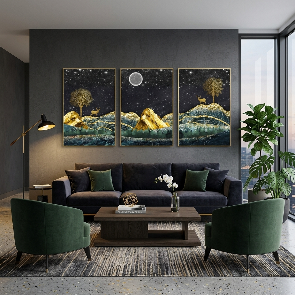 Multi Panel Canvas Wall Art Print Golden deer on the background of the starry sky