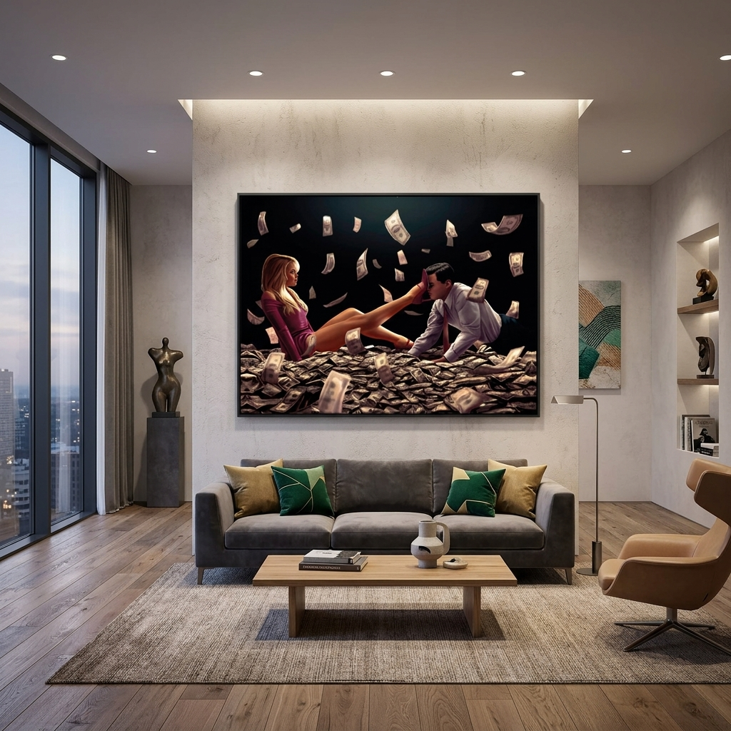 Blondie and Leonardo DiCaprio in a pile of dollars Inspirational Canvas Wall Art Print