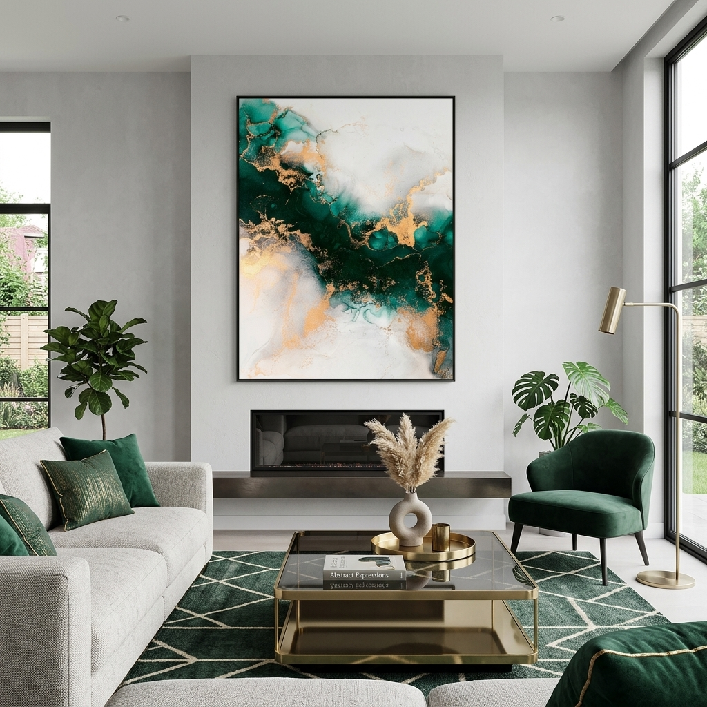Green-gold with gray elements Abstraction Canvas Wall Art Print