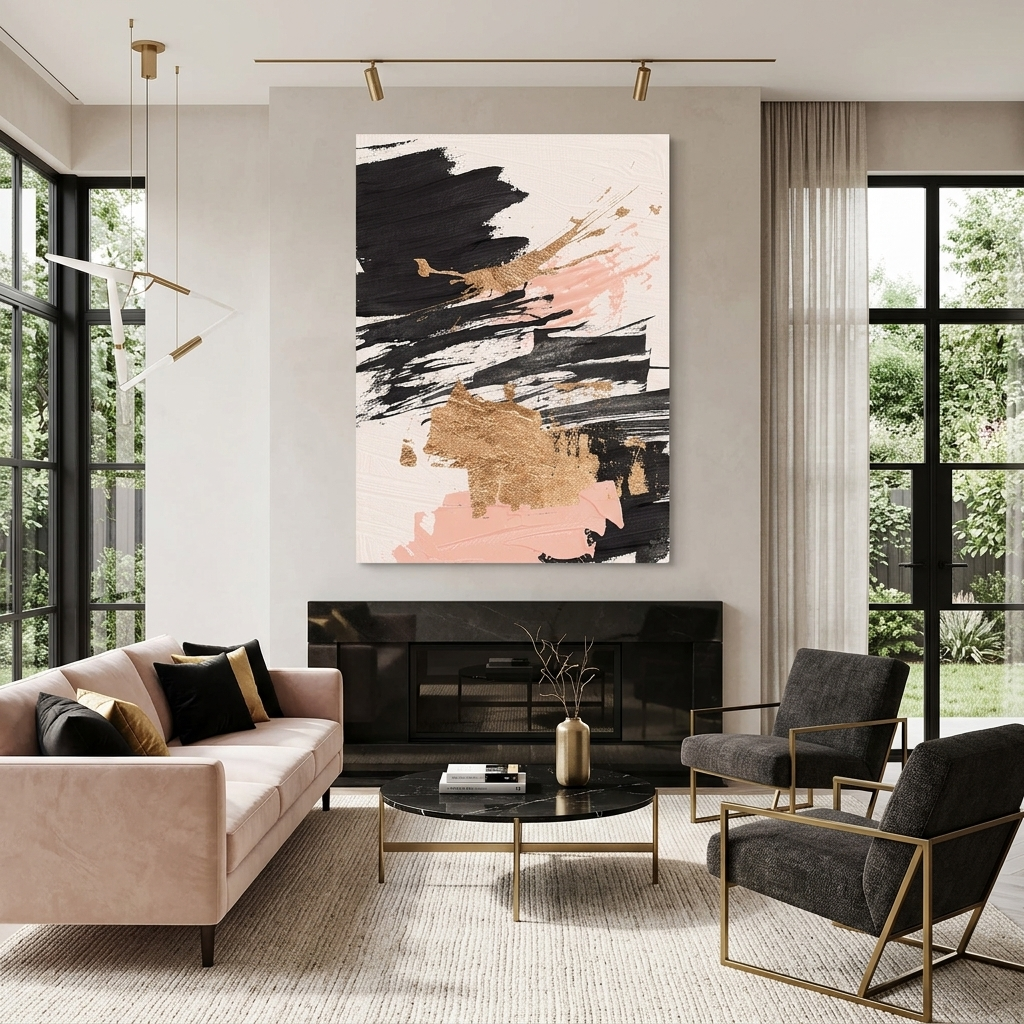 Strokes of black and pink tones with goldAbstraction Canvas Wall Art Print