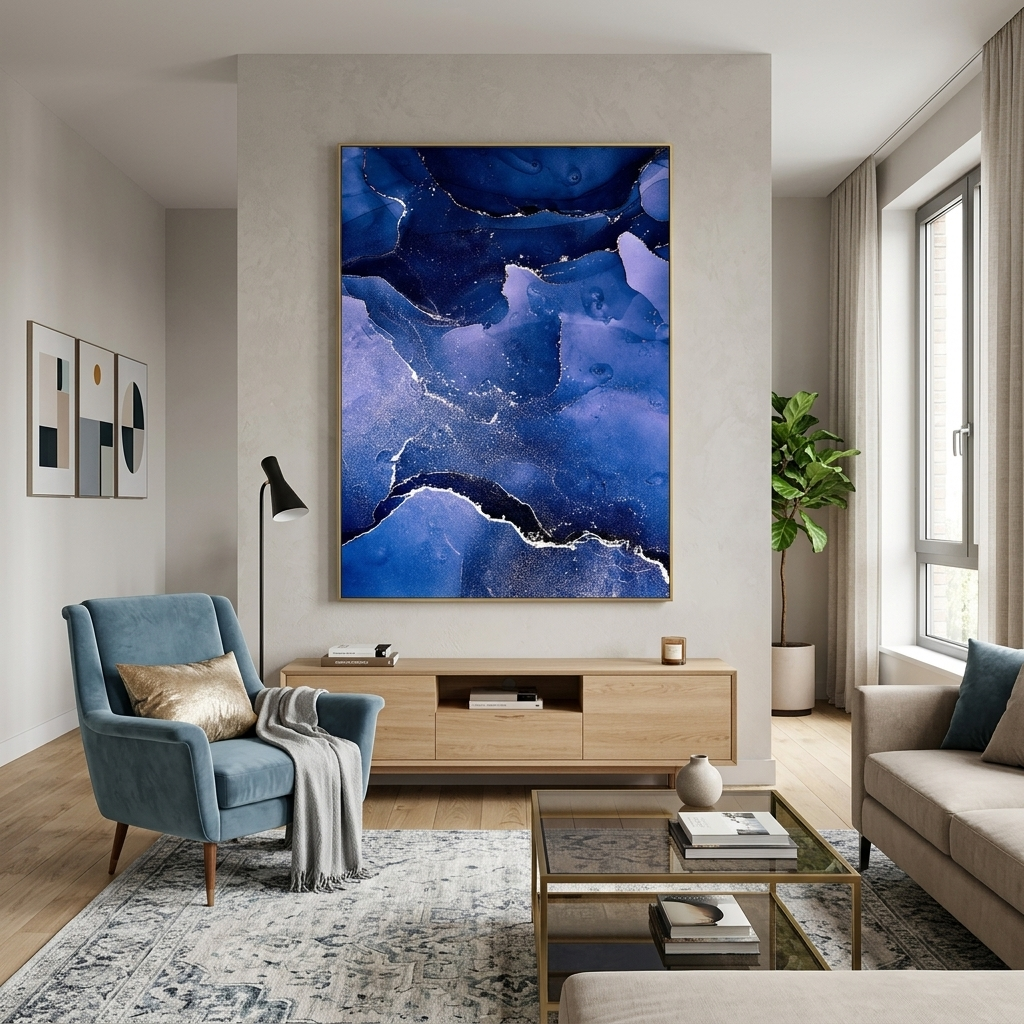 Blue abstract with white lines Abstraction Canvas Wall Art Print