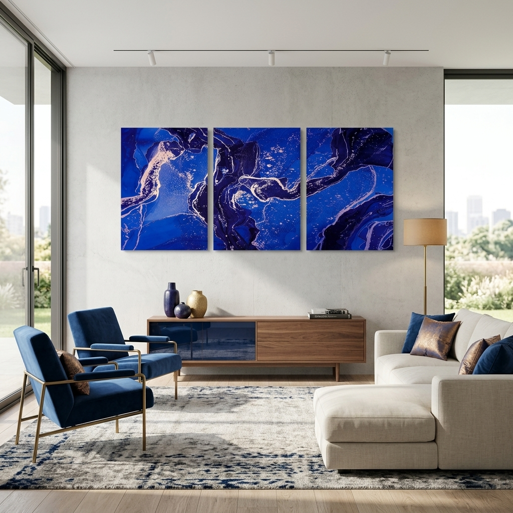 Modular navy blue abstract Multi Panel Canvas Wall Art Print