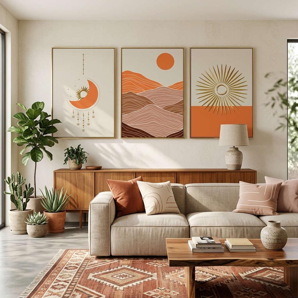Modular geometric abstraction with bright orange color Multi Panel Canvas Wall Art Print
