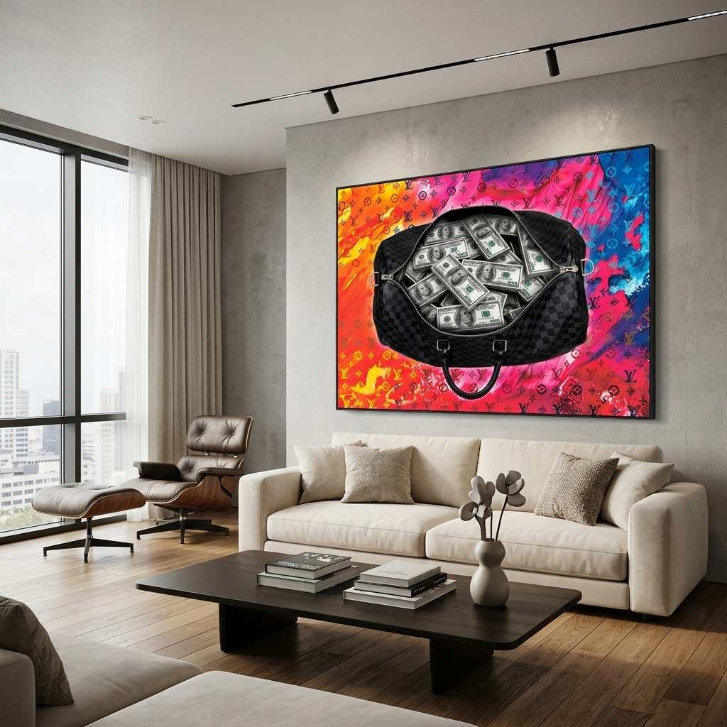 Black bag with 100 dollar bills on a bright background Inspirational Canvas Wall Art Print