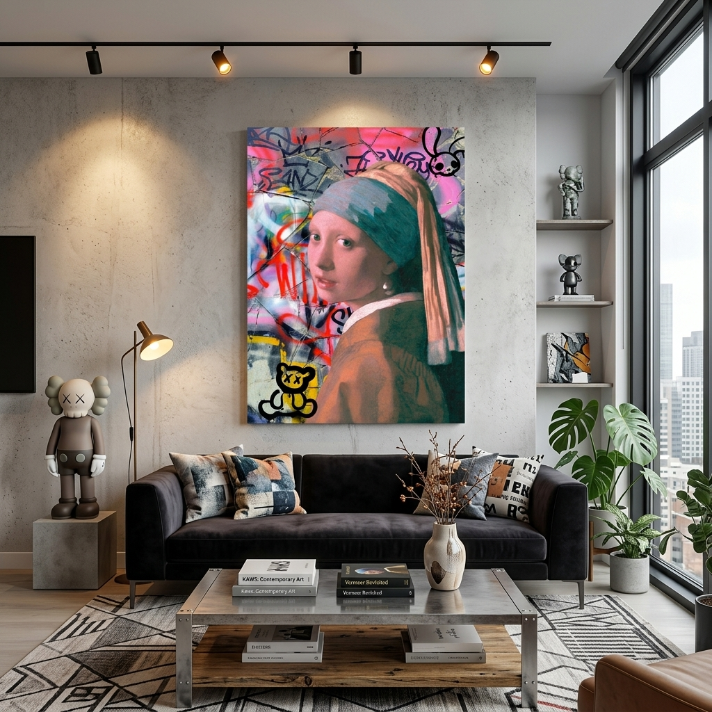 Canvas Wall Art Print Girl with a pearl earring on the background of cracked wall in garffiti