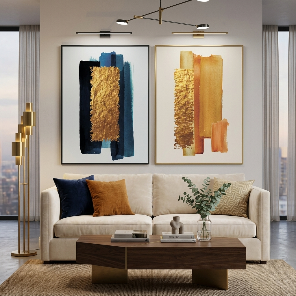Modular gold and blue masks on a white background Multi Panel Canvas Wall Art Print