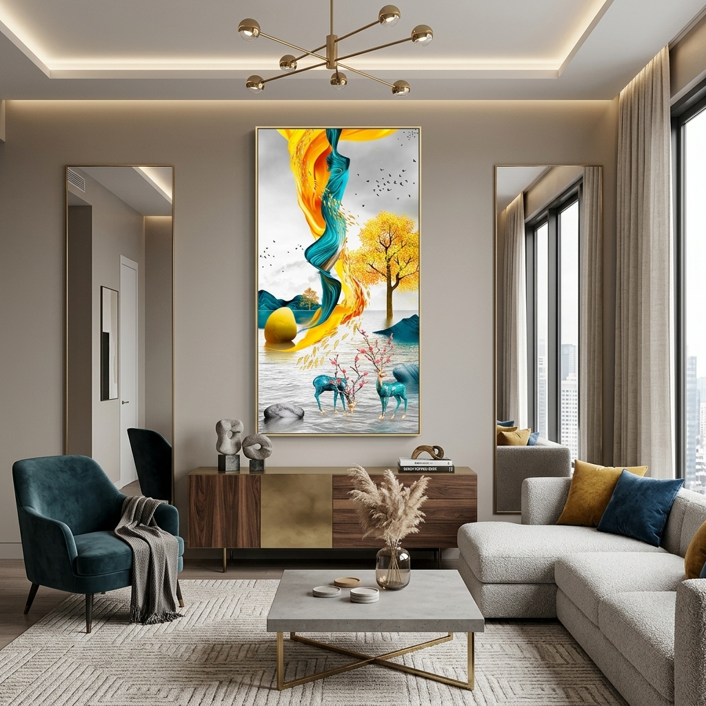 Two green deer with yellow and green details in the background Abstraction Canvas Wall Art Print