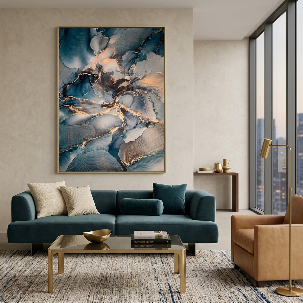 Dark blue tones with gold elements Abstraction Canvas Wall Art Print